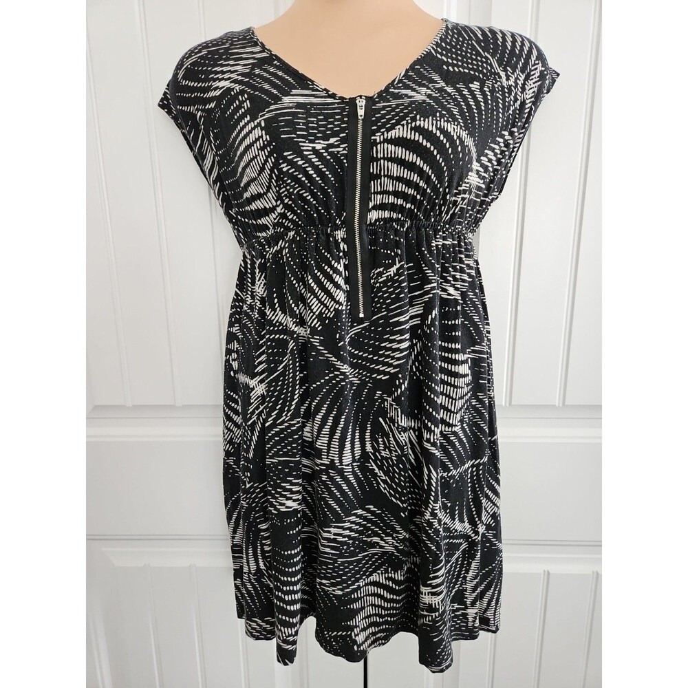 Elle Black Gray V-Neck Elastic Empire Waist Short Dolman Sleeve Dress Size M